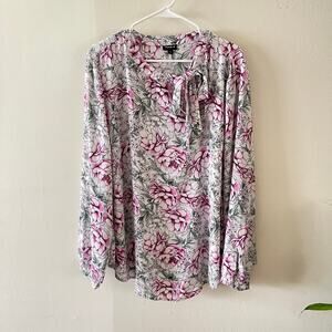 Torrid Floral Georgette Bow Tie Blouse Womens 3X White Pink Feminine Top